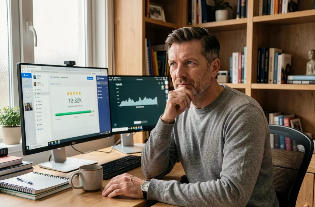 Freelance consultant analysant les avis sur un service de transfert sécurisé depuis son bureau à domicile avec deux écrans