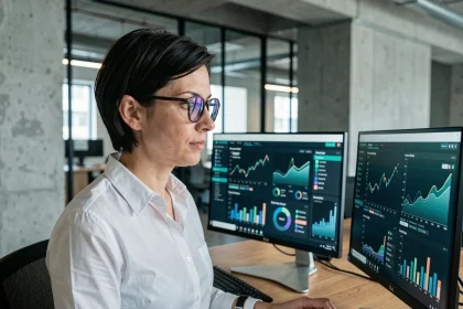 Femme professionnelle analysant des tableaux de bord de données cloud sur deux écrans dans un bureau moderne