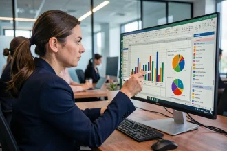 Femme professionnelle utilisant Excel avec des graphiques interactifs sur un grand écran en open space