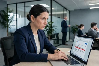 Femme cadre inquiète analysant un email de phishing sur son ordinateur portable dans un bureau moderne, illustration de l'ingénierie sociale et des menaces cybersécurité