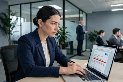 Femme cadre inquiète analysant un email de phishing sur son ordinateur portable dans un bureau moderne, illustration de l'ingénierie sociale et des menaces cybersécurité