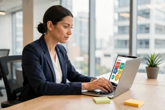 Femme professionnelle créant une présentation PowerPoint animée sur un ordinateur portable dans un bureau moderne