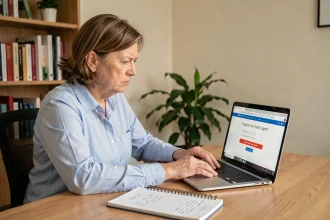 Femme devant un ordinateur portable affichant une erreur de connexion à la messagerie académique AC Normandie