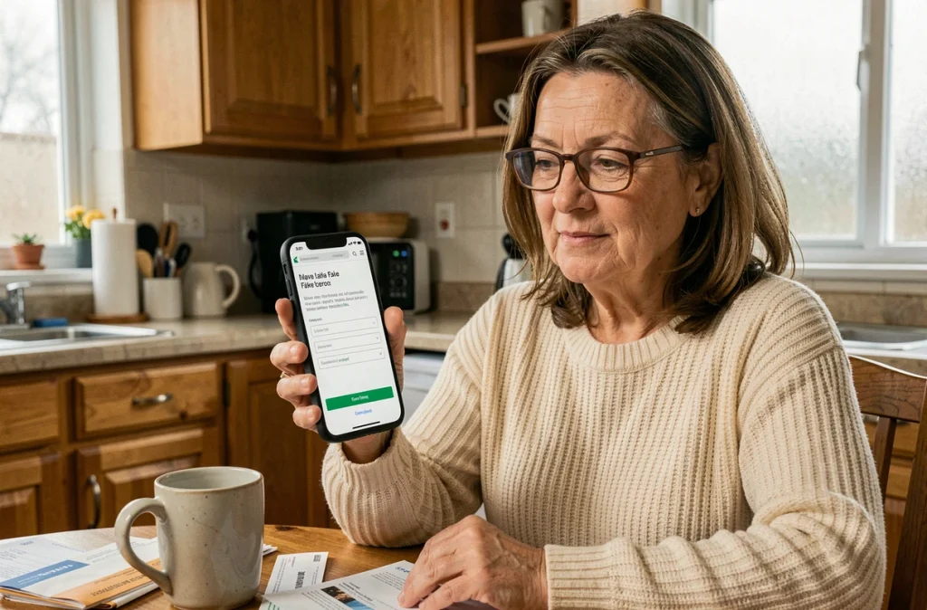 Une femme à la maison consultant une fausse page bancaire sur son smartphone, victime potentielle d'une tentative de phishing