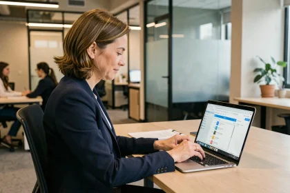 Femme professionnelle organisant ses contacts dans Outlook sur un ordinateur portable dans un bureau moderne