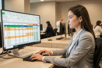 Femme professionnelle travaillant sur un tableau Excel structuré dans un bureau moderne