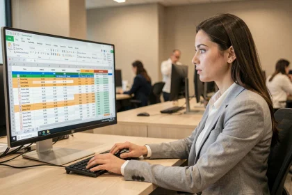 Femme professionnelle travaillant sur un tableau Excel structuré dans un bureau moderne