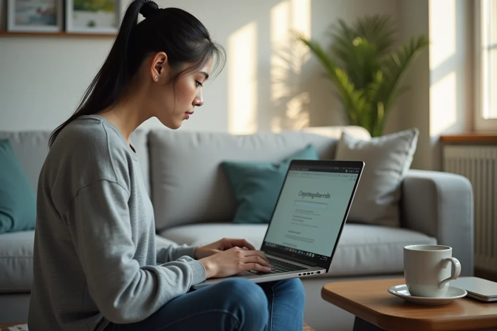 Femme cherchant un correctif en ligne sur un ordinateur portable pour résoudre une erreur d'installation de composant sous Windows