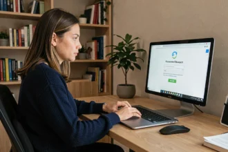 Femme récupérant son mot de passe de messagerie DSDEN 64 sur un ordinateur portable dans un bureau à domicile