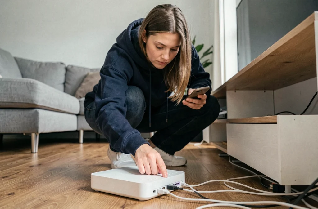 Femme réinitialisant un routeur internet blanc tout en consultant son smartphone, dépannage d'un accès à l'interface 168.1.1