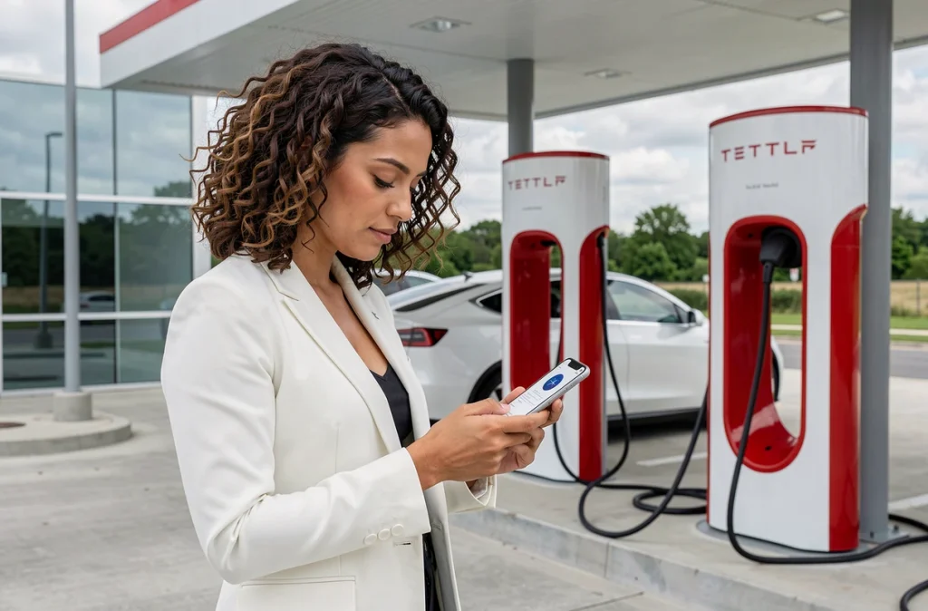 Femme consultant un smartphone Tesla devant une station Supercharger avec des véhicules électriques en arrière-plan