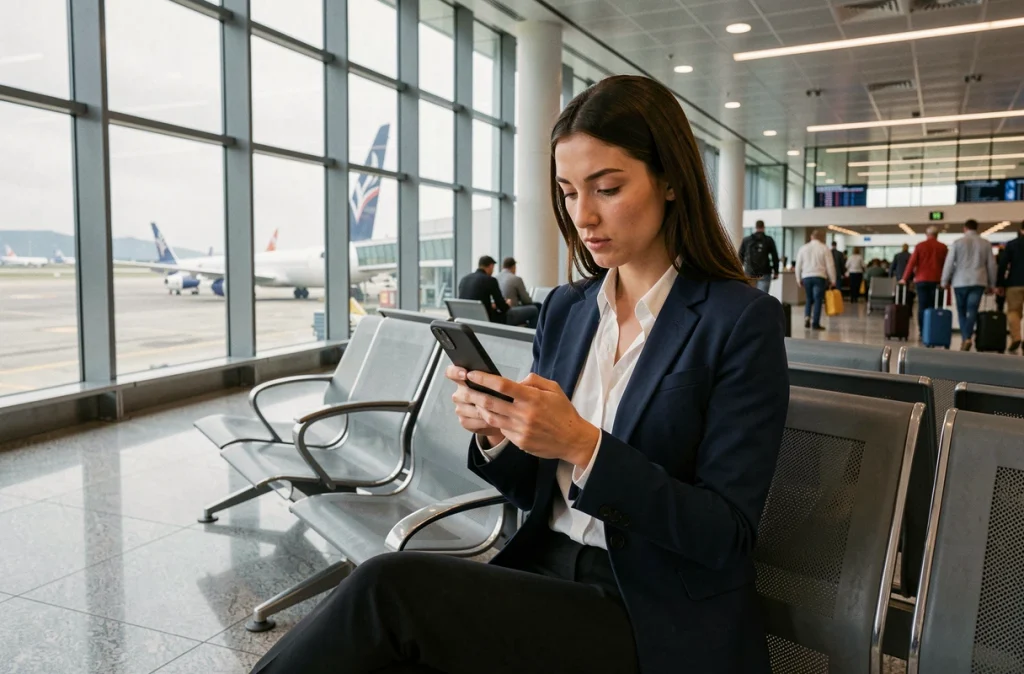 Une femme utilisant son smartphone sur un réseau Wi-Fi public dans un aéroport, risques de cybersécurité en déplacement