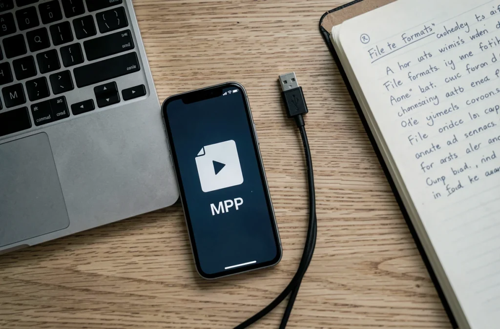 Vue aérienne d'un bureau avec laptop, smartphone affichant un fichier MP4 et notes sur les formats vidéo