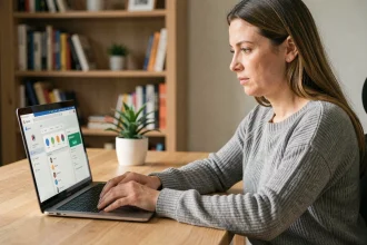 Femme utilisant un gestionnaire de mots de passe sur un ordinateur portable dans un bureau à domicile