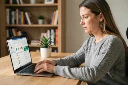 Femme utilisant un gestionnaire de mots de passe sur un ordinateur portable dans un bureau à domicile