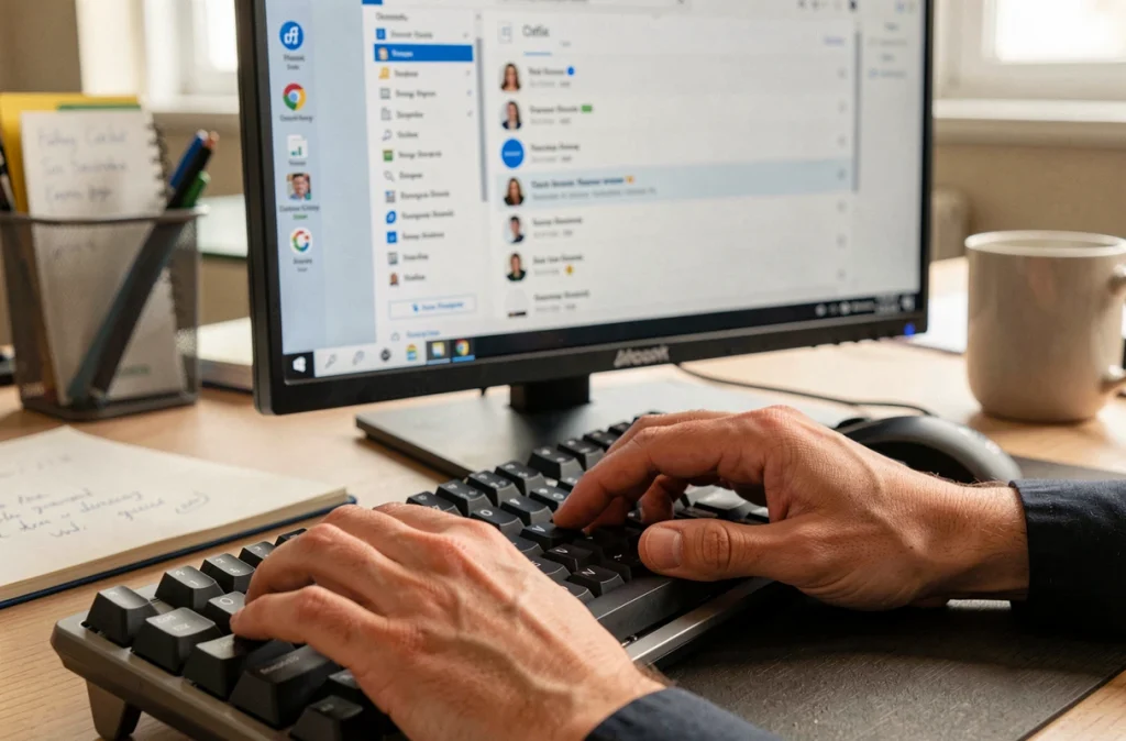 Gros plan sur des mains qui tapent au clavier pour créer des groupes de contacts dans Microsoft Outlook