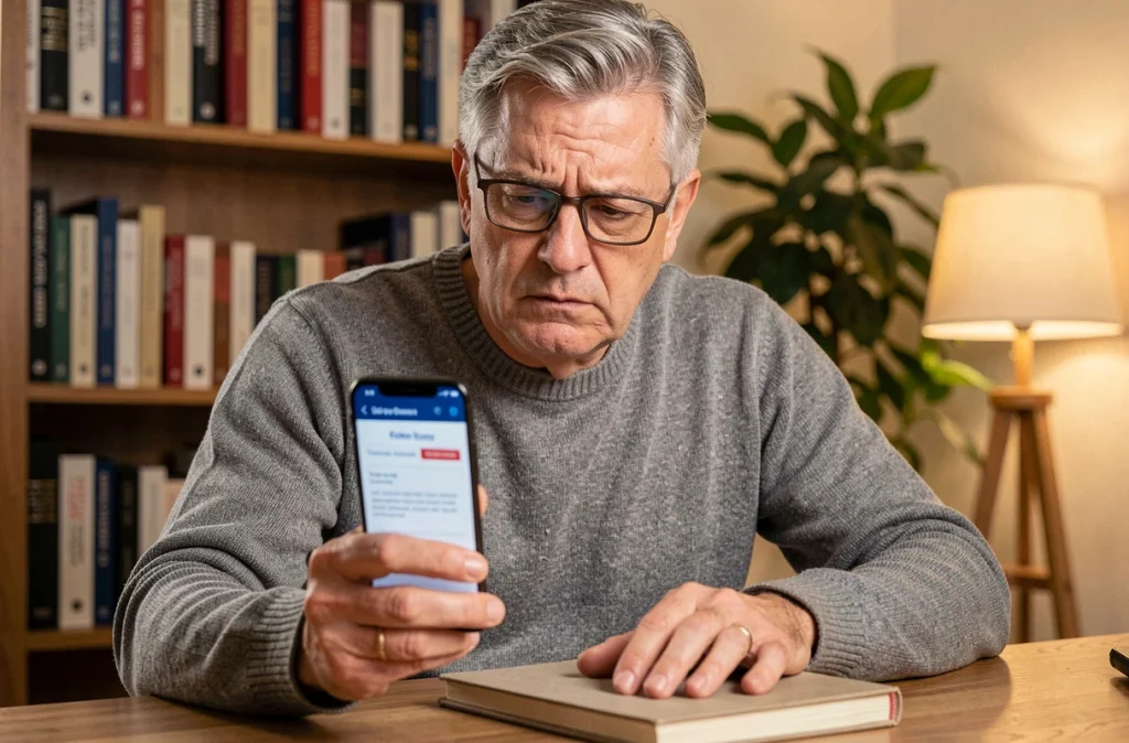 Homme d'âge mûr à domicile regardant avec inquiétude une fausse notification bancaire sur son smartphone, victime potentielle d'ingénierie sociale et de vol de données personnelles