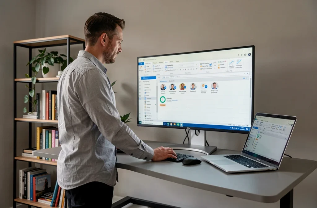 Homme debout à son bureau à domicile gérant des groupes de contacts dans Outlook sur grand écran