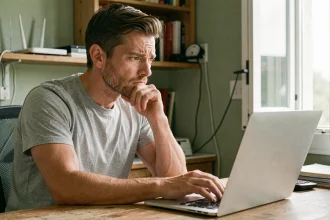 Homme perplexe devant son ordinateur portable avec un routeur Wi-Fi en arrière-plan, illustrant un problème de connexion réseau à l'adresse 168.1.1
