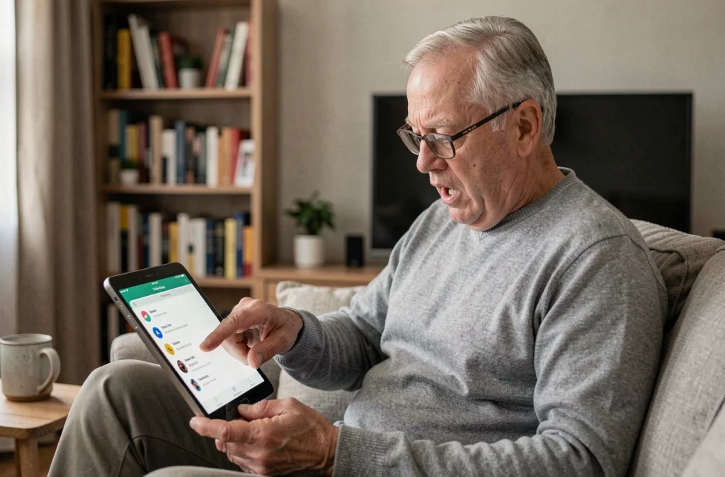 Un homme âgé utilisant le geste de balayage sur une tablette Samsung pour effectuer une capture d'écran