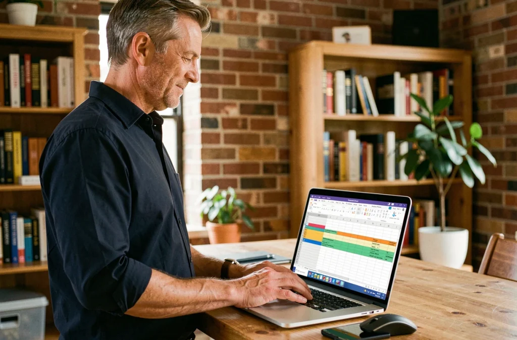 Homme en télétravail structurant un tableau Excel sur son ordinateur portable dans un bureau à domicile