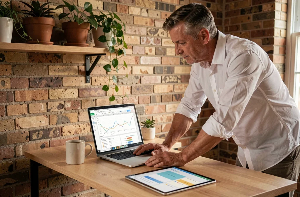 Homme en télétravail consultant un rapport Excel avec graphiques interactifs sur laptop