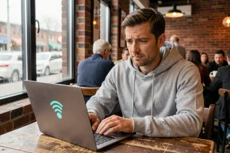 Un homme connecté à un Wi-Fi public dans un café, illustrant les risques de sécurité des réseaux sans fil publics