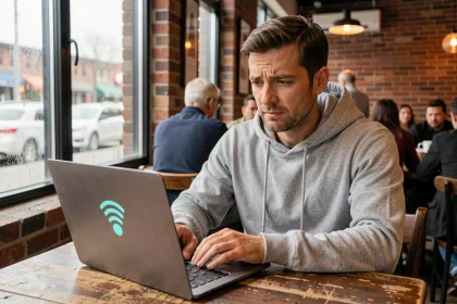 Un homme connecté à un Wi-Fi public dans un café, illustrant les risques de sécurité des réseaux sans fil publics