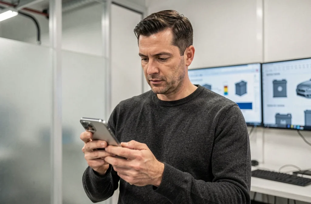 Ingénieur tenant un prototype de smartphone dans un studio de design industriel moderne