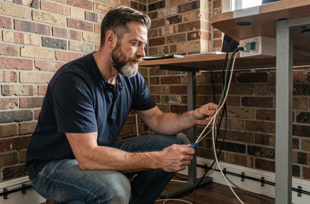 Homme installant un switch réseau dans un bureau à domicile pour sécuriser sa connexion WiFi