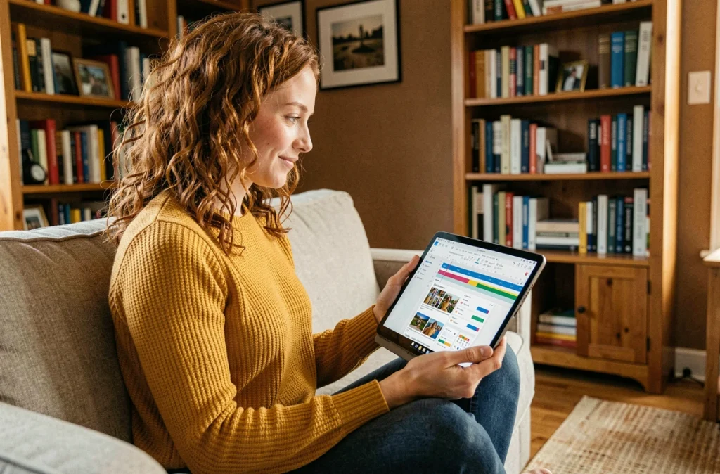 Jeune femme travaillant sur les animations d'une présentation PowerPoint depuis une tablette à domicile