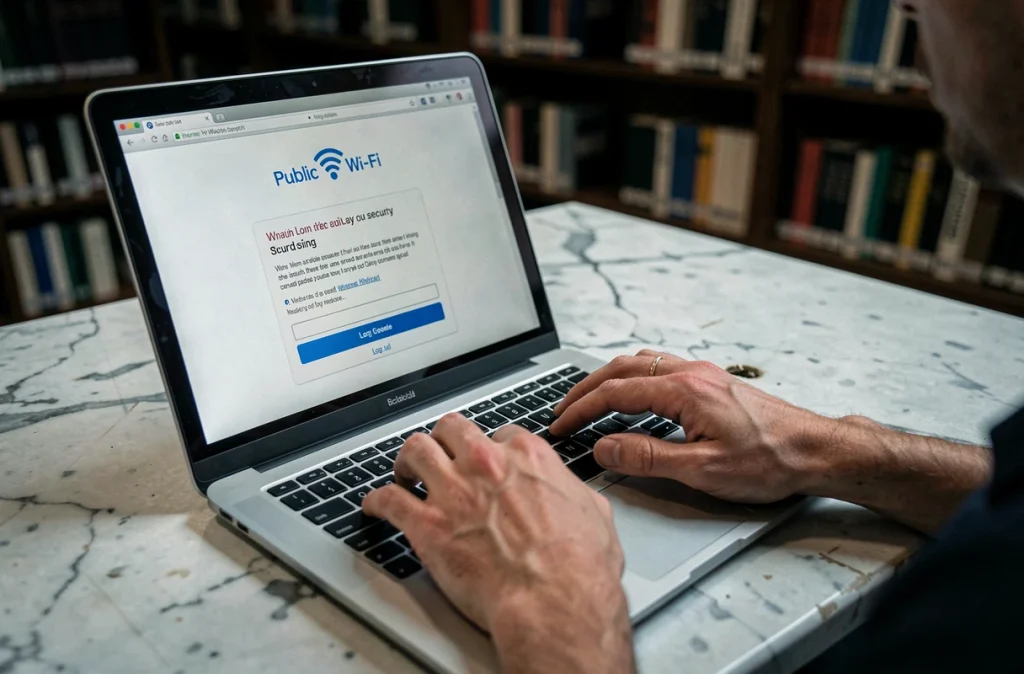 Mains tapant sur un clavier connecté à un portail Wi-Fi public, avertissement de sécurité réseau affiché à l'écran