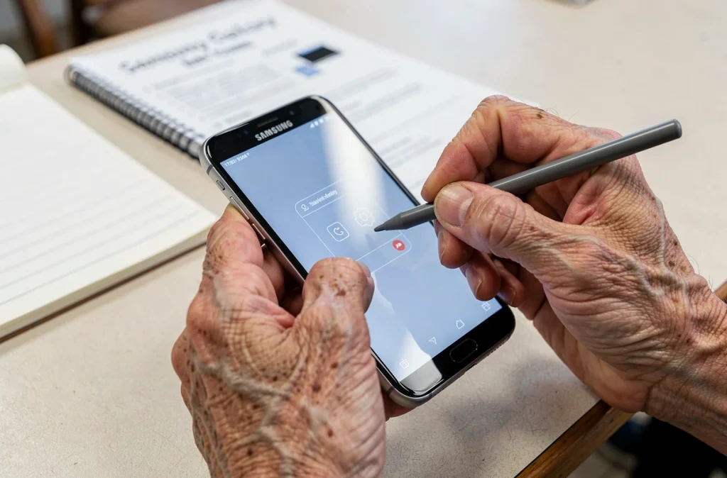 Mains de senior utilisant un stylet sur un smartphone Samsung pour capturer l'écran lors d'un atelier numérique
