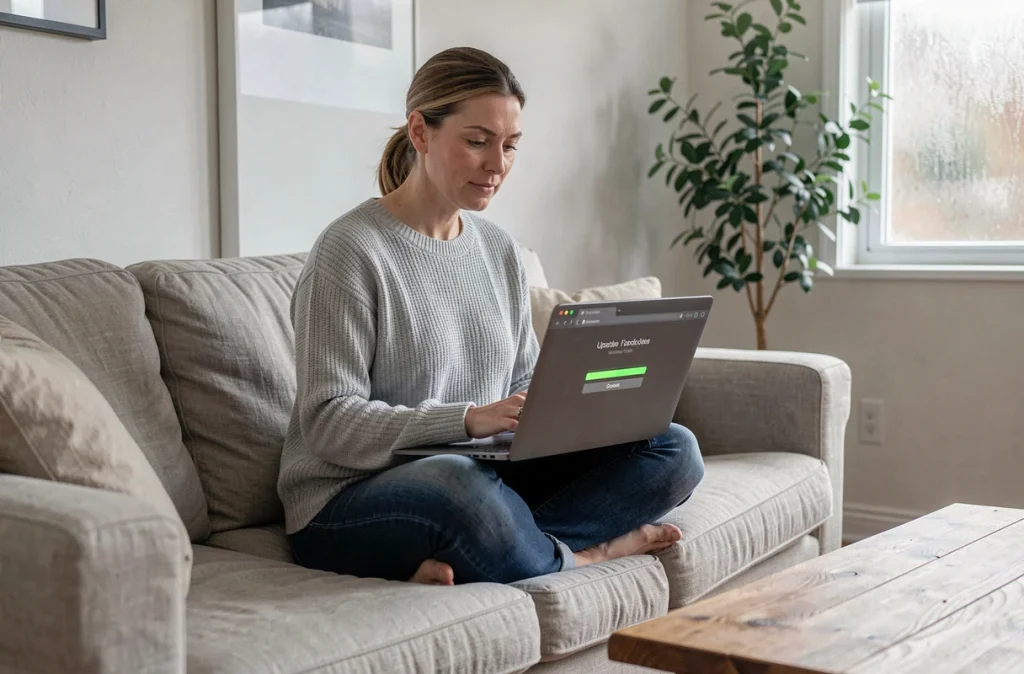 Une femme installe une mise à jour logicielle sur son ordinateur depuis son canapé, renforçant la sécurité de son système
