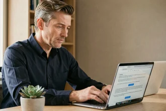 Un homme d'une quarantaine d'années installe une mise à jour de sécurité sur son ordinateur portable dans un bureau à domicile