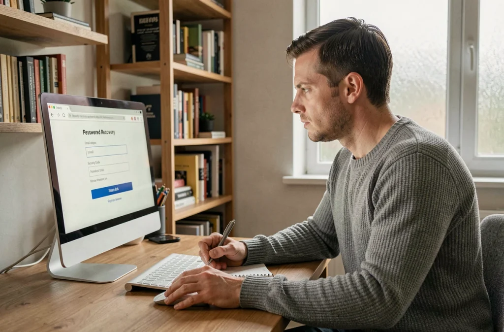 Homme utilisant le formulaire de récupération de mot de passe webmail depuis son bureau à domicile