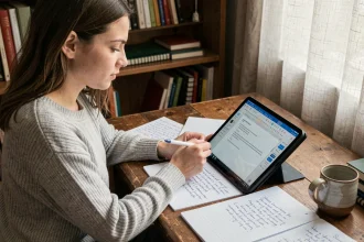 Jeune femme convertissant des notes manuscrites en texte numérique sur OneNote avec une tablette et un stylet à son bureau