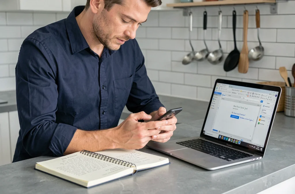 Homme numérisant ses notes manuscrites dans OneNote depuis son smartphone à côté d'un ordinateur portable en cuisine