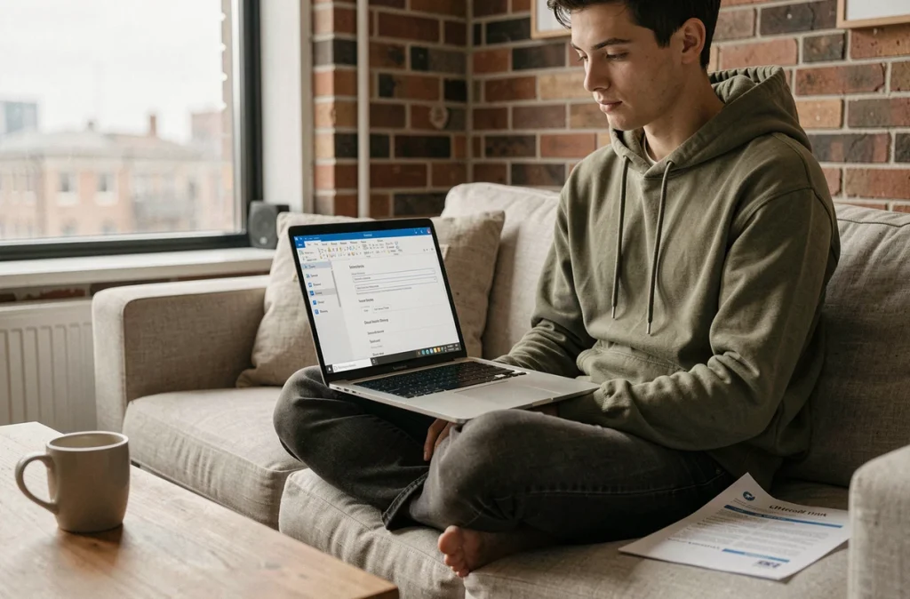 Jeune personne configurant Outlook avec les paramètres IMAP du webmail de l'académie de Bordeaux depuis un salon