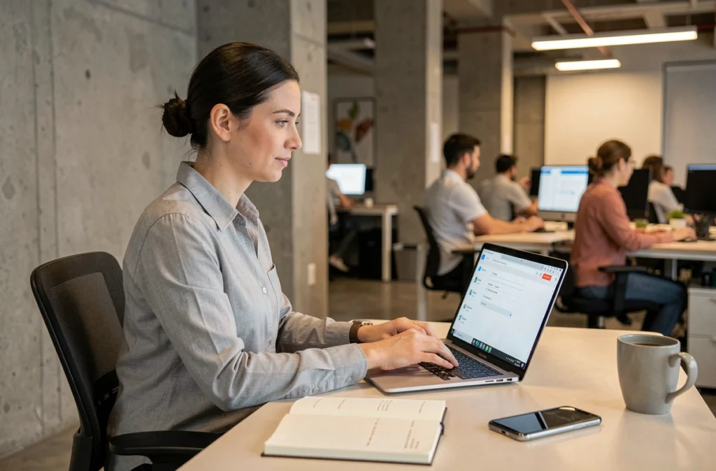Femme paramétrant un accès IMAP Webmail 92 sur Outlook dans un open space professionnel