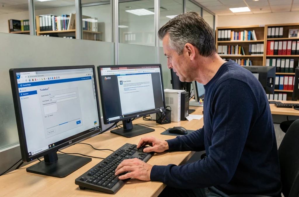Homme paramétrant Thunderbird avec les identifiants IMAP de la messagerie de l'académie de Bordeaux dans un bureau administratif universitaire