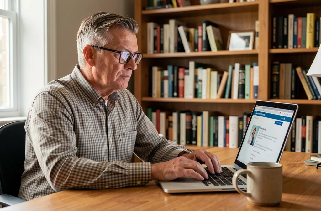 Père consultant le portail de services universitaires UHA en ligne depuis son bureau à domicile