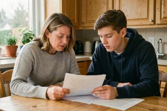 Mère et fils étudiant consultant ensemble des documents universitaires à la table de cuisine familiale