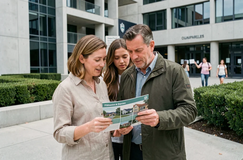 Famille de parents visitant le campus universitaire avec leur fille étudiante et consultant un guide des services