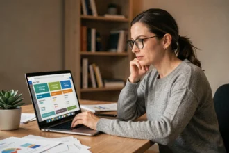 Femme consultant les différents tarifs de ChatGPT 5 sur son ordinateur portable dans un bureau à domicile