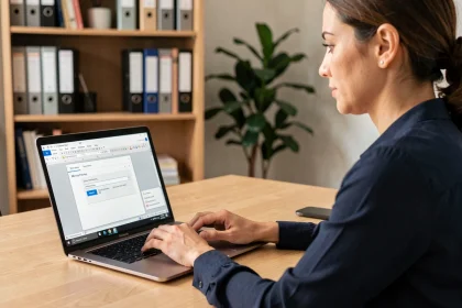 Femme protégeant un document Word avec un mot de passe sur son ordinateur portable dans un bureau à domicile