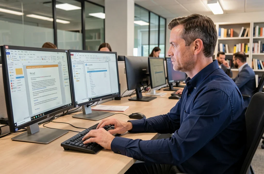 Homme travaillant sur Microsoft Word avec des raccourcis clavier dans un bureau professionnel en open space
