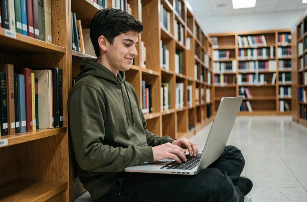 Étudiant apprenant les raccourcis clavier de Word dans une bibliothèque universitaire