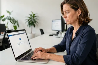 Femme professionnelle connectée à sa messagerie webmail sur un ordinateur portable au bureau pour récupérer ses identifiants