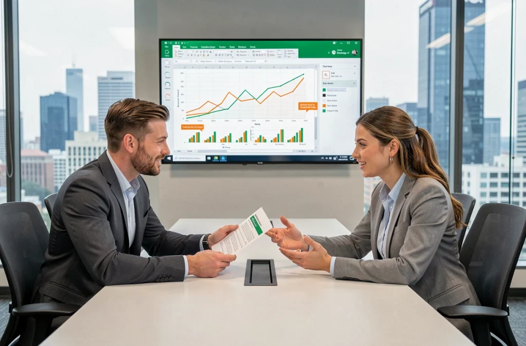 Deux collègues en salle de réunion analysant des graphiques interactifs Excel sur écran mural